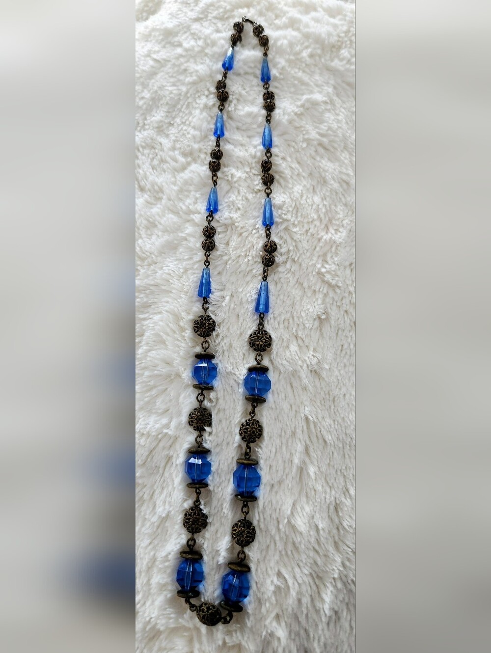 Vintage Blue Glass and Filigree Bead Necklace